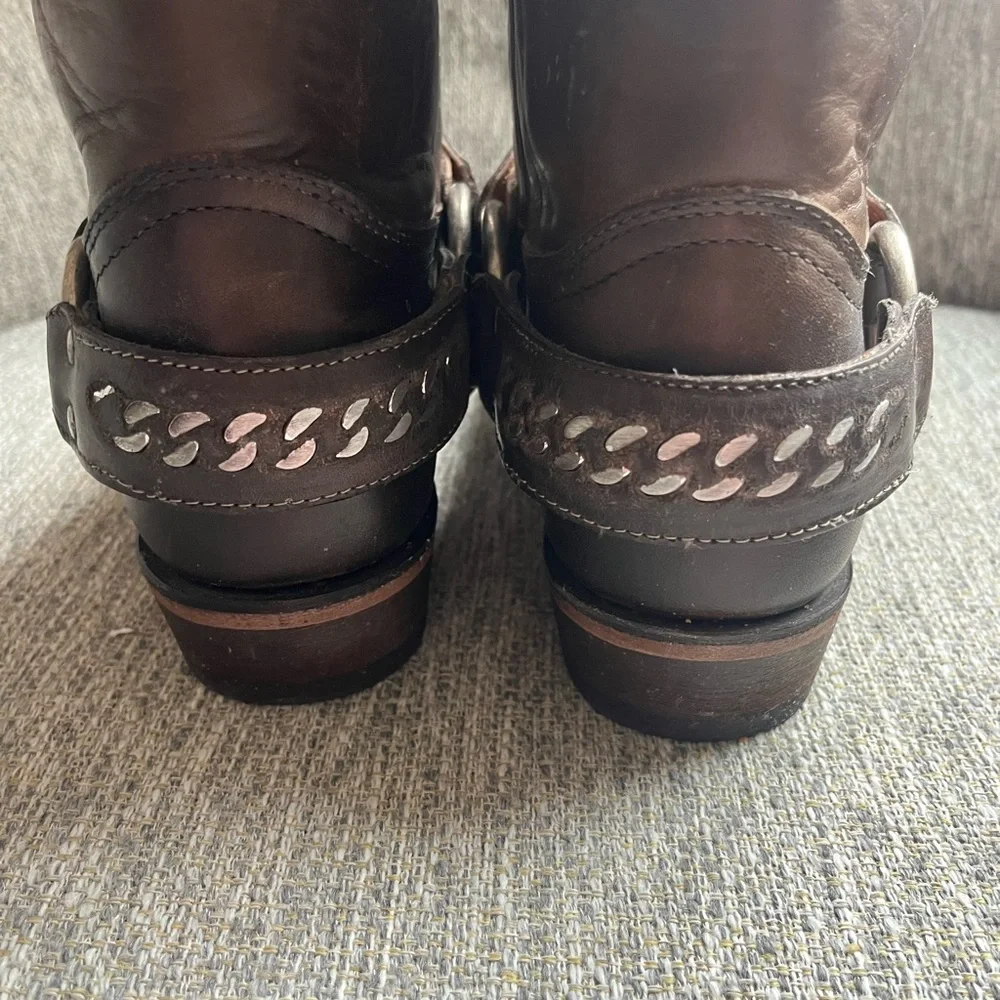 Frye Dark Brown Leather Ankle Boots with Strap Detail